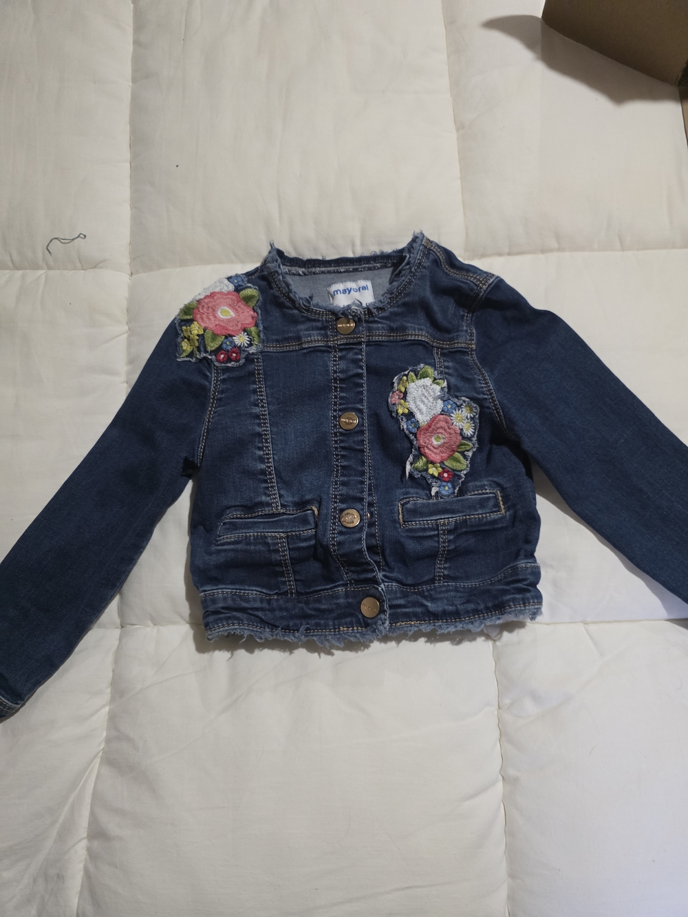 Mayoral Blue Denim Jacket with Pink Floral Appliqués